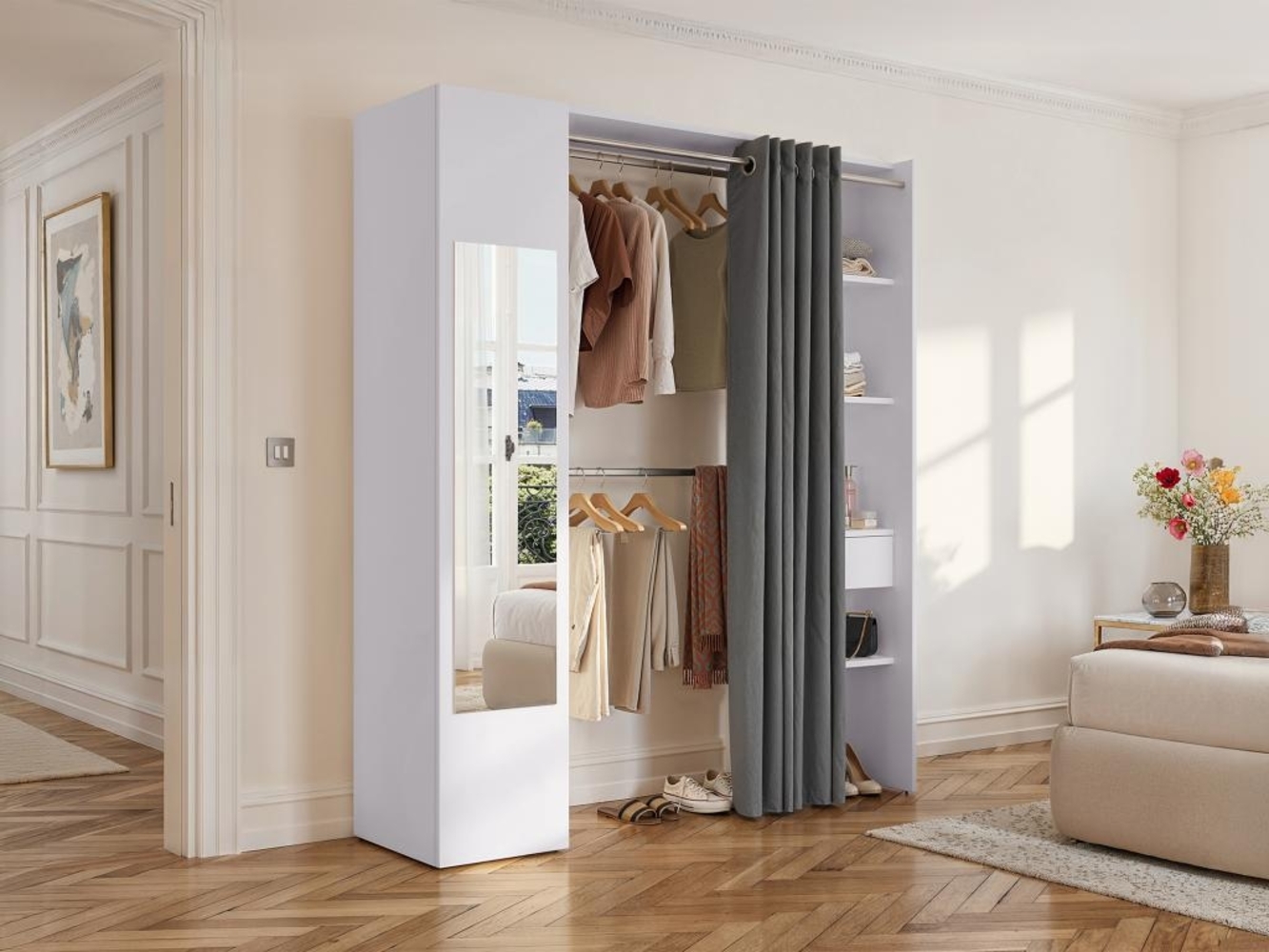 Vente-unique - Kleiderschrank mit Vorhang & 1 Tür + Spiegel - B 177 cm - Weiß und Grau - BERTRAND Bild 1