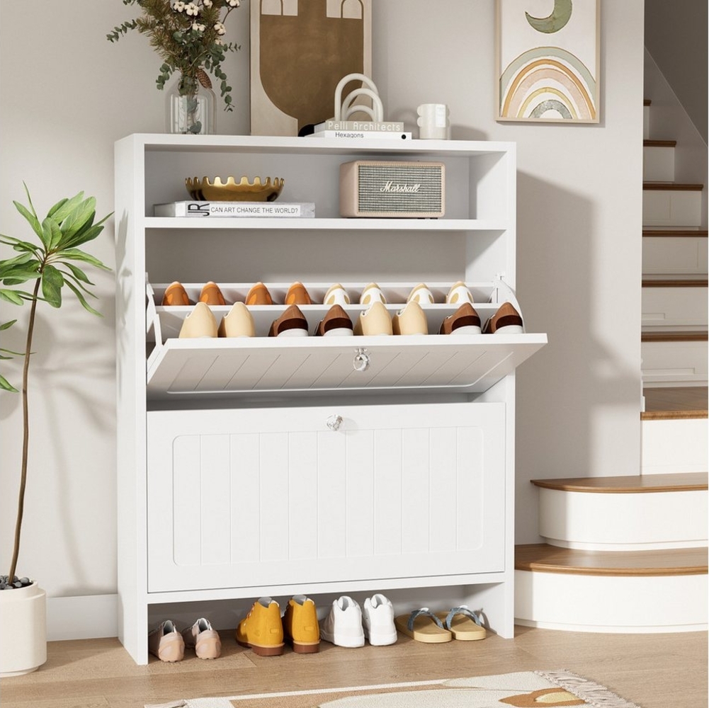 VOWNER Schuhschrank mit 2 Klappen, 4 Fächer, verstellbarem Regal, Stahlfüße (1-St) 80 x 24 x 108 cm, Ideal für Eingang & Flur Bild 1