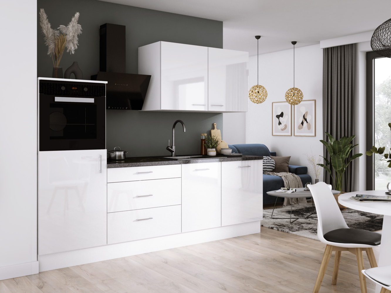 Komfort Küche 250x170 cm – mit Schränken & Geräteplatz Weiß, Hochglanz Bild 1