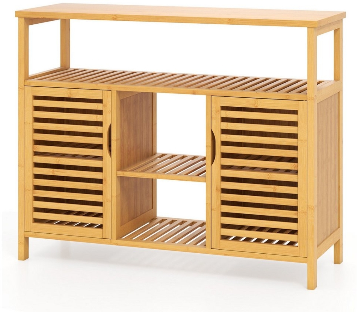 COSTWAY Badkommode, Badezimmerschrank Bambus mit Lamellentüren, 100x35x80cm Bild 1