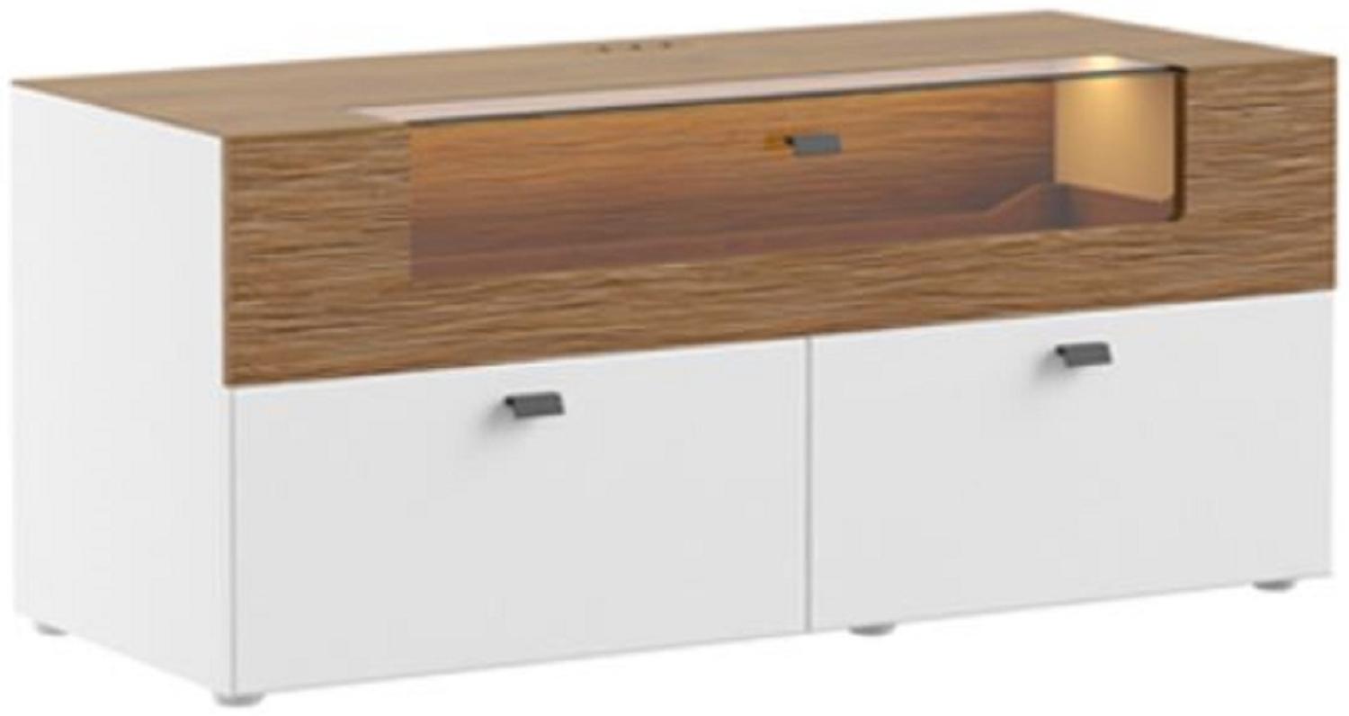 Casa Padrino TV Schrank Braun / Weiß 125 x 48 x H. 55 cm - Beleuchteter Massivholz Fernsehschrank mit Schubladen - Moderne Wohnzimmer Möbel Bild 1