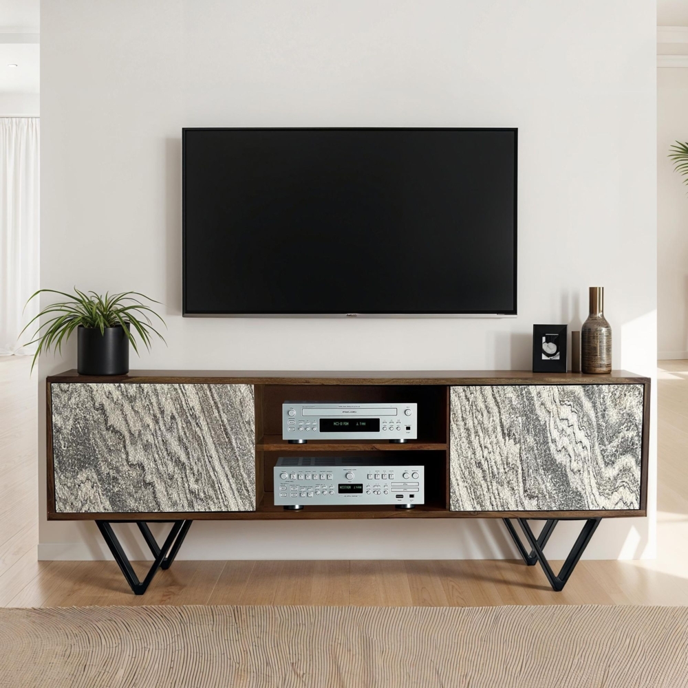 FineBuy Lowboard Sheesham Massivholz 150x56x35 cm TV-Kommode mit Steinoptik Weiß, Design TV-Schrank Hoch, Fernsehtisch Fernsehschrank Modern zwei Türen, Fernsehkommode Wohnzimmer mit Metallbeine Bild 1