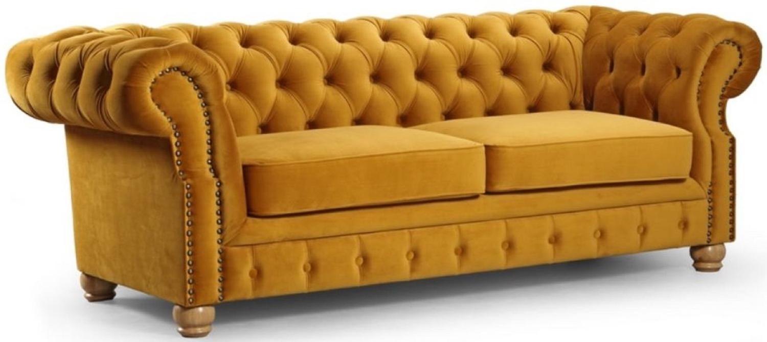 Casa Padrino Luxus Chesterfield 3er Sofa Ocker / Hellbraun 217 x 93 x H. 77 cm - Chesterfield Wohnzimmer Sofa - Chesterfield Wohnzimmer Möbel Bild 1