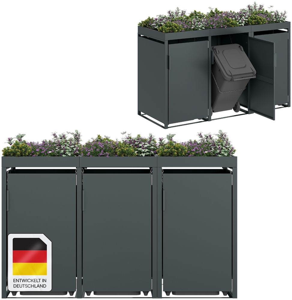STEELSØN 'Thoria' Mülltonnenbox für 3 Tonnen je 240 Liter, anthrazit, Mülltonnenverkleidung aus Stahl, wetterfest, 125x80x203 cm, Müllbox mit Pflanzendach Bild 1