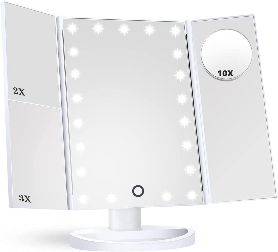 ibettertec Kosmetikspiegel Schminkspiegel mit LED Beleuchtung,Tischspiegel (10X/3X/2X/1X Vergrößerung Faltbarer 3 Seiten Kosmetikspiegel mit Touch Dimmbar Licht), Batteriebetrieben Order USB Aufladen dimmbarer Makeup Mirror Bild 1