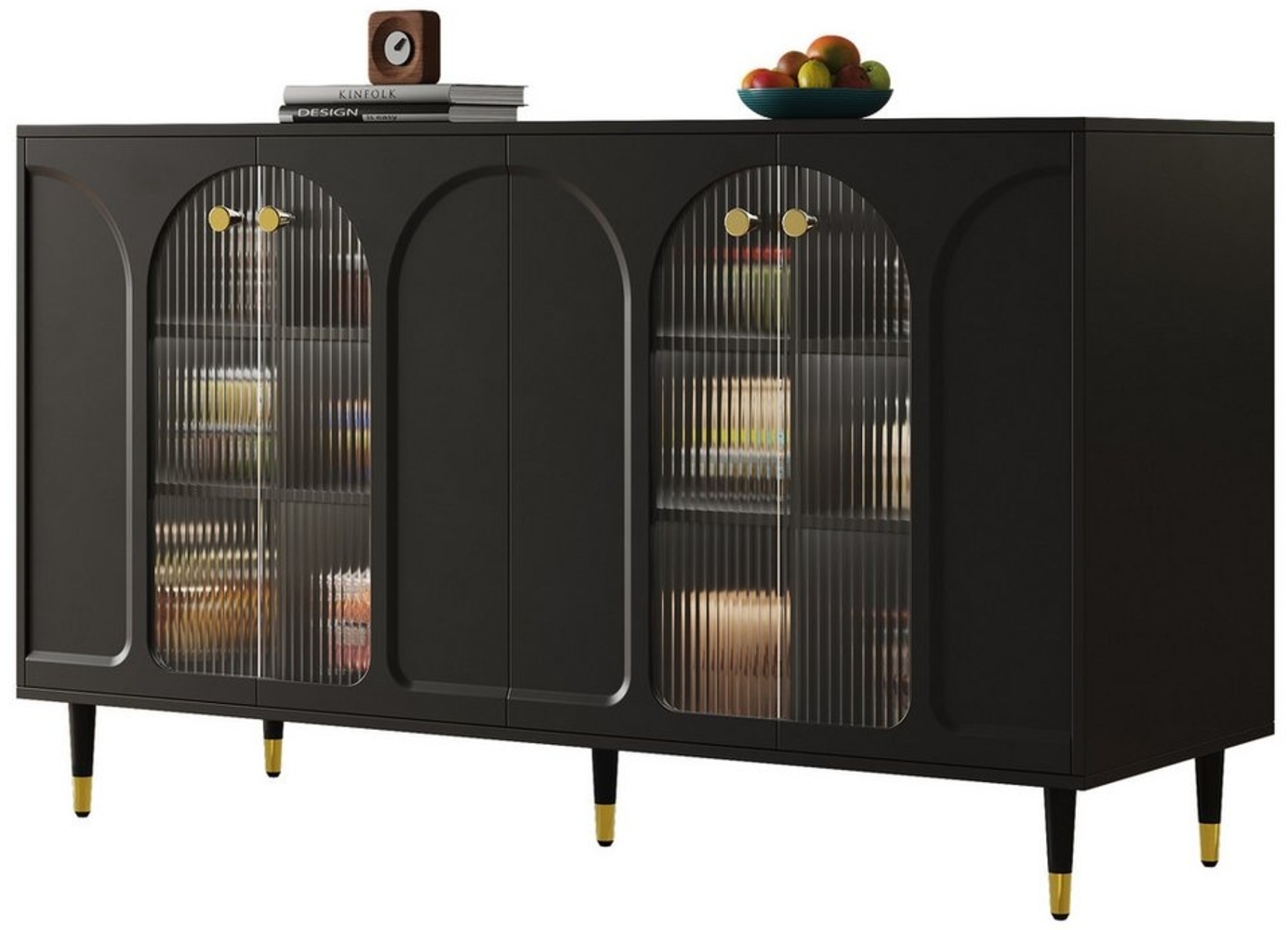 HAUSS SPOLE Sideboard mit dekorativen Metalldetail, Glastür für Esszimmer oder Küche schwarz (Kommode, Anrichte,Buffet, 1 St, 4 Türen), mit dekorativen Metalldetails Bild 1