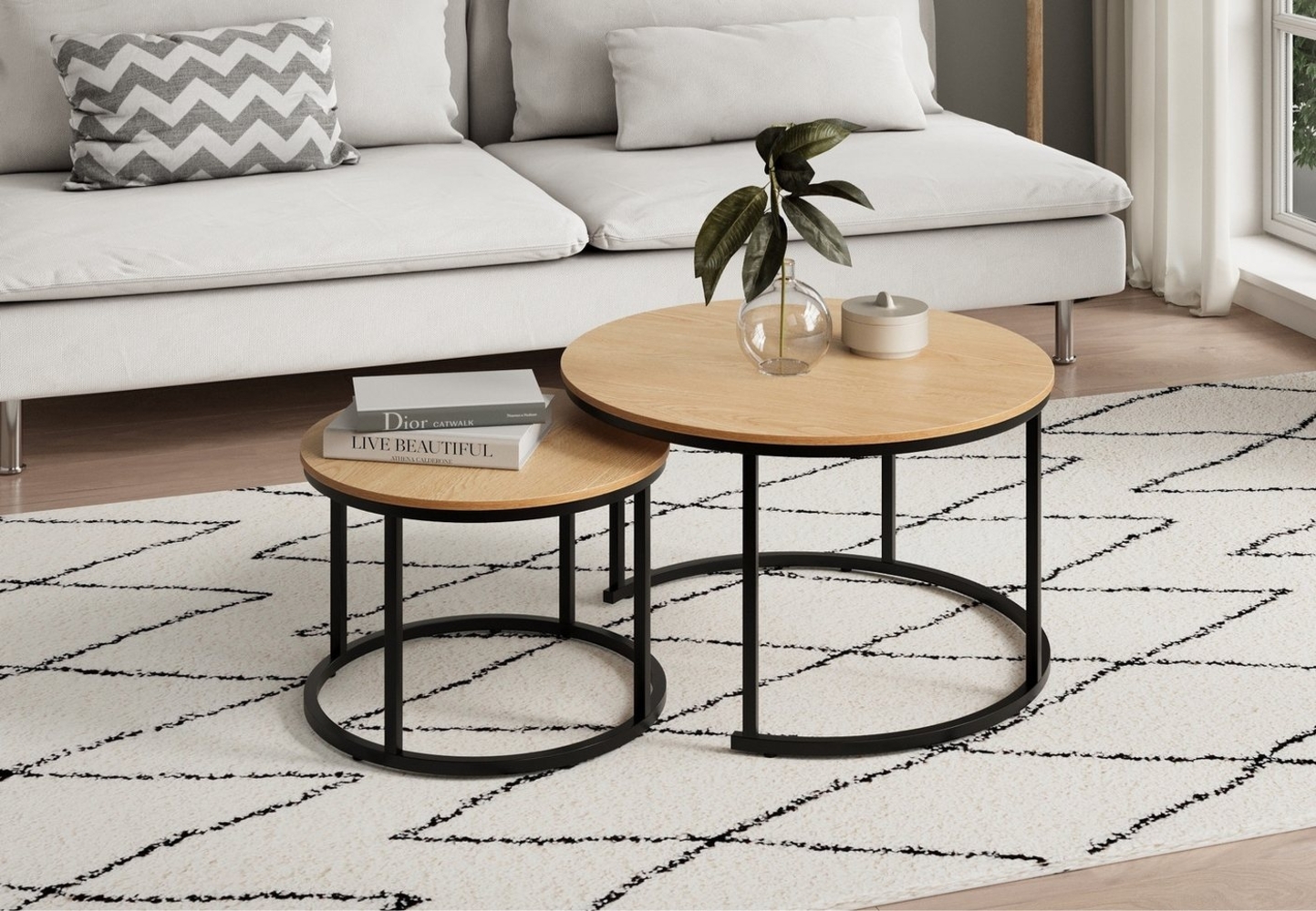 Home Collective Couchtisch 2er Set aus Holz, Wohnzimmertisch Modern (Beistelltisch Set 2 in 1 mit Metallgestell, Büro Beistelltisch Loft Design TWIN, kratzfeste Oberfläche, Set 2 in 1), Rund in Eiche hell, für Wohnzimmer Bild 1