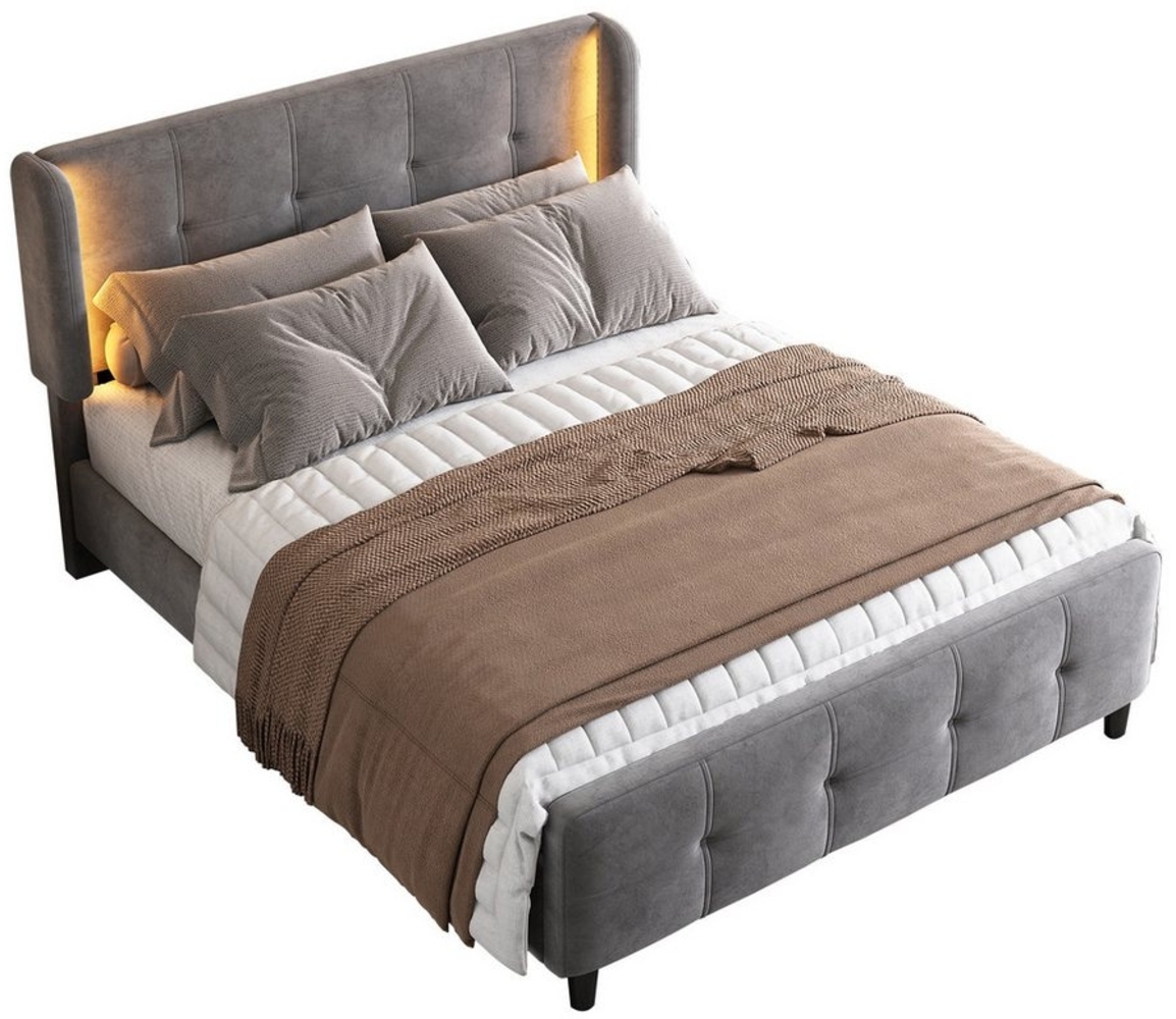 OKWISH Polsterbett Stauraumbett Funktionsbett Doppelbett Gästebett, Schlafzimmer-Set (mit 16-farbiger LED-Leisten an den Seitenohren, Gesteppte Kopf- und Fußteil, Bettkopf in drei Höhen verstellbar), Samt 140x200 cm,Ohne Matratze Bild 1