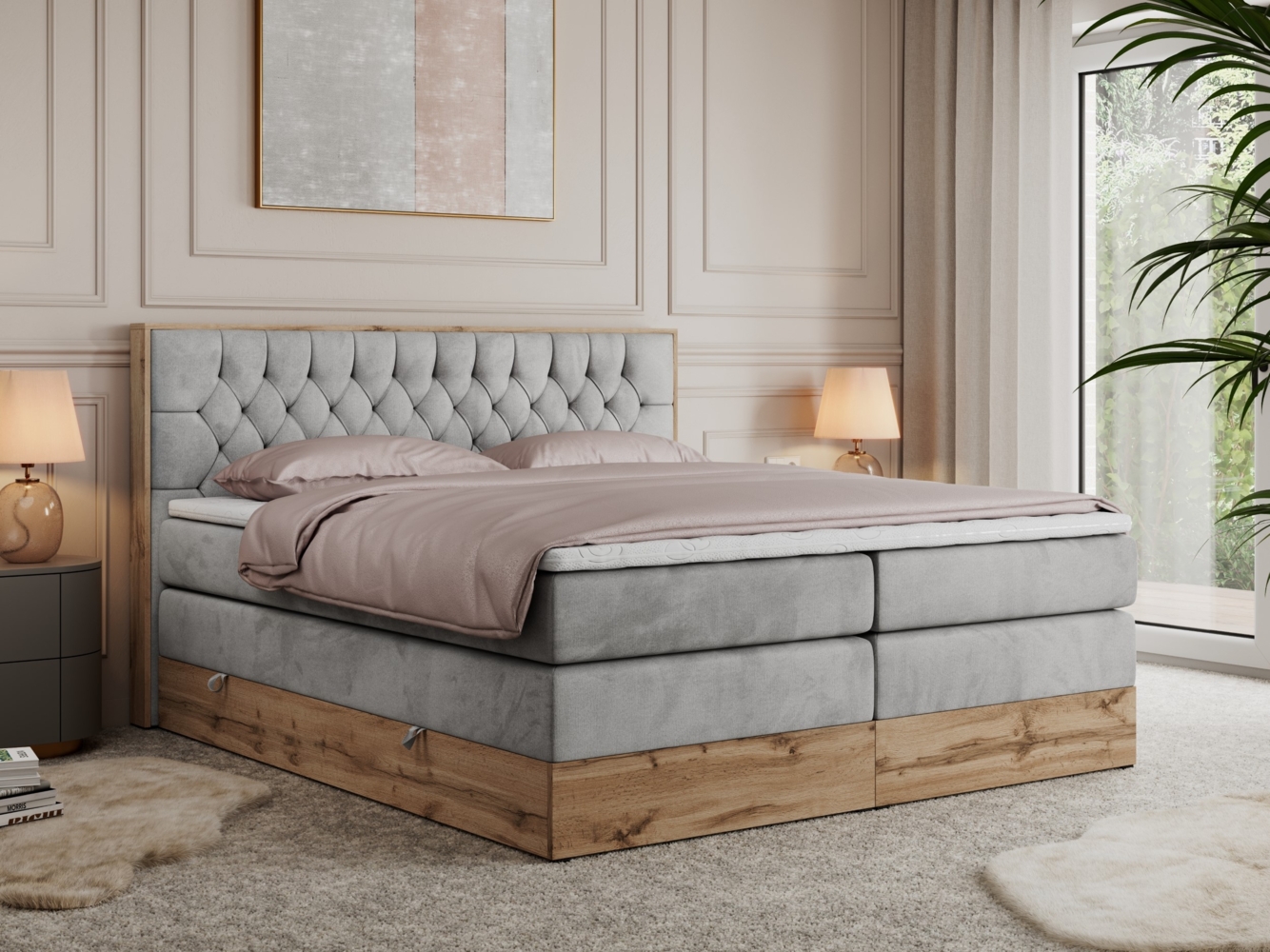 Boxspringbett AMORE KING, Doppelbett mit Multipocket-Matratze, Polsterbett mit Kopfstütze - 200 x 200 cm - Hellgrau Velvet - H3 Bild 1