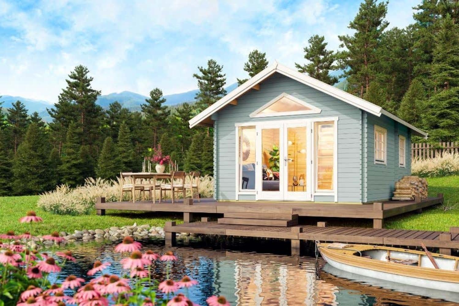 Lasita Maja Caroline Blockhaus aus Holz in Silber Holzhaus mit 40 mm Wandstärke inklusive Schlafboden Blockbohlenhaus Bild 1