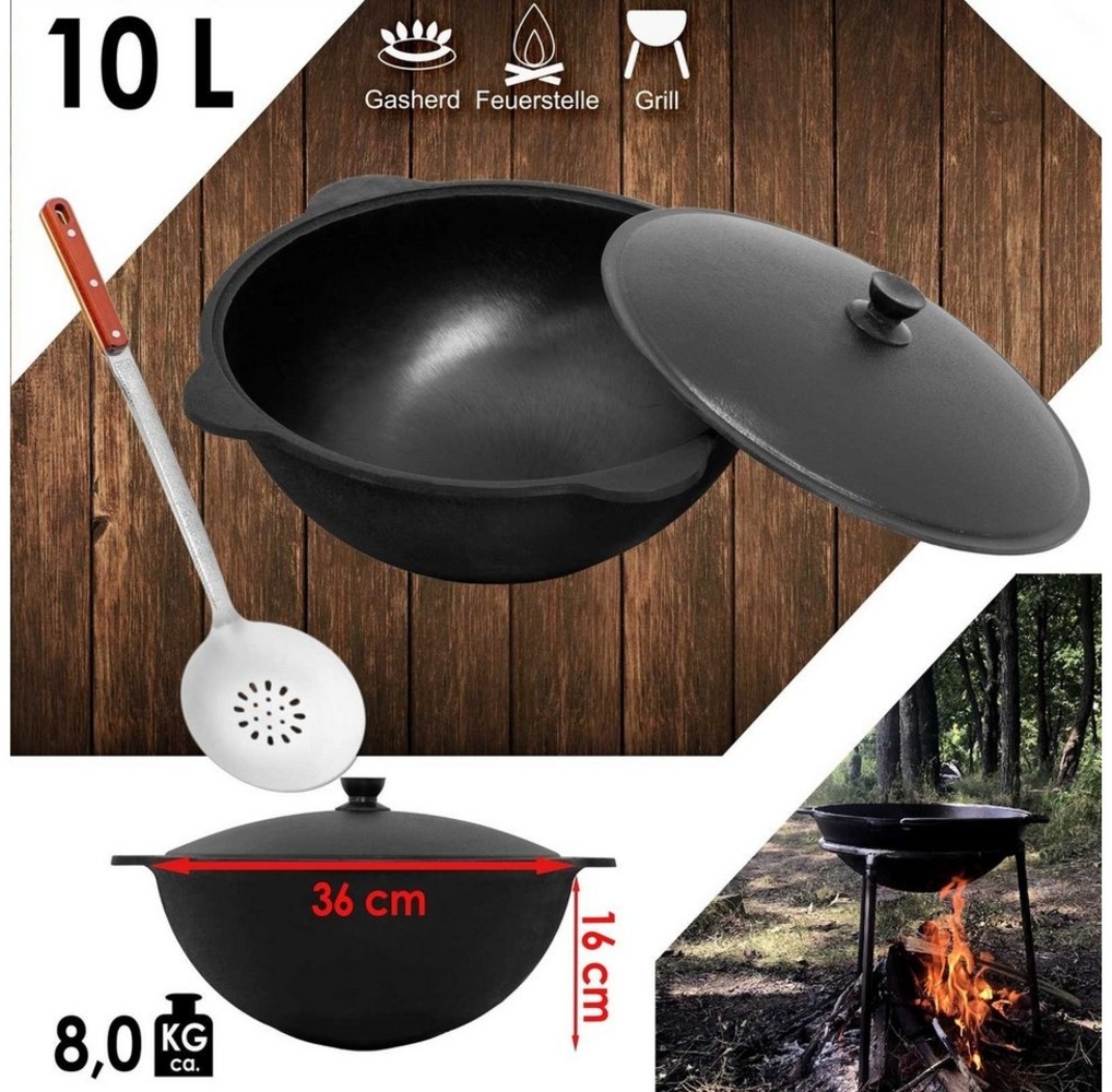 4BIG. fun Grilltopf Gusseisen Kasan 10L Alu WOK Kessel Schaumkelle, Gusseisen (Gusseisener Kasan mit Deckel und Schaumkelle) Bild 1