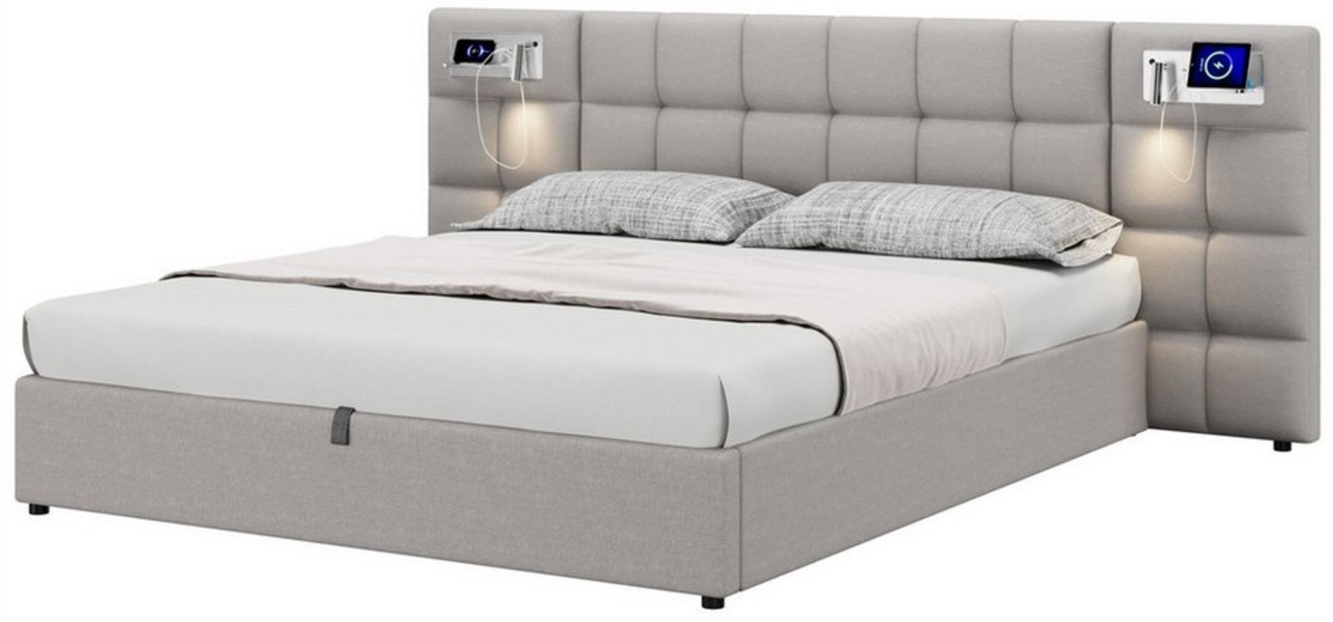 Sweiko Polsterbett Hydraulikbett mit USB port und Wireless Charging (Stauraumbett mit beleuchtete Lampe und Stauraum, 1-tlg, Holzlattenunterstützung), 180 x 200 cm,Ohne Matratze,Linen, Grau Bild 1