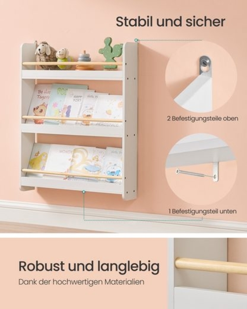 SONGMICS Bücherregal Kinder, Kinderregal mit 3 Ebenen, Spielzeugregal, Wandregal, für Kinderzimmer, Spielzimmer, weiß-naturfarben Bild 1