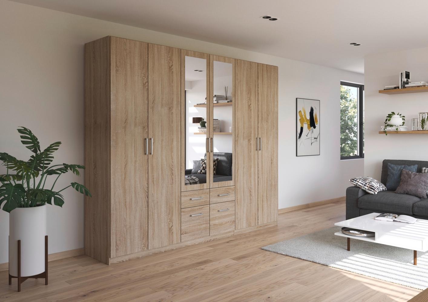 rauch Kleiderschrank, Drehtürenschrank BINGEN, 6-türig, 2 Spiegeltüren teilaufgelegt, 4 Schubkästen, Eiche Sonoma, 271 x 229 x 54 cm Bild 1