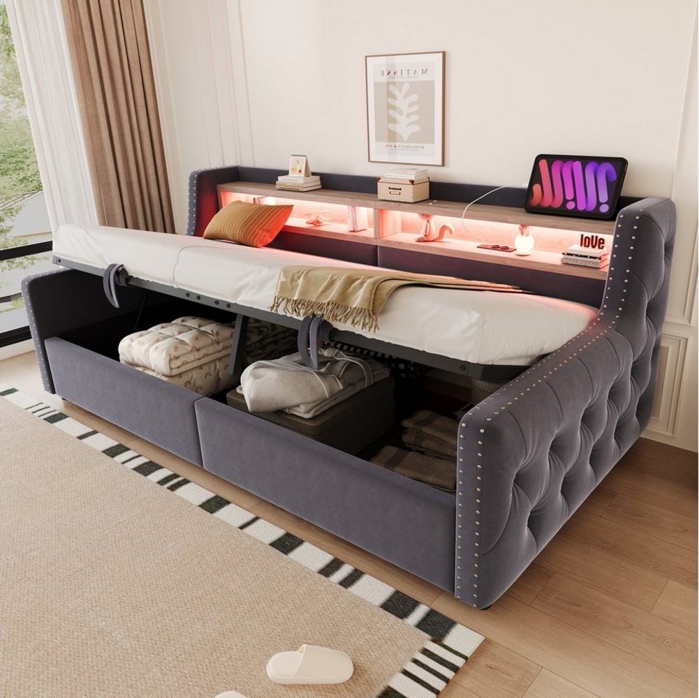 Merax Daybett 90x200cm mit LED-Lichtleiste, Steckdose & USB-Anschluss (Schlafsofa Sofabett Jugendbett Kinderbett Polsterbett, 1 tlg), Tagesbett mit hydraulischem Stauraum & Staufächern, Samtstoff Bild 1
