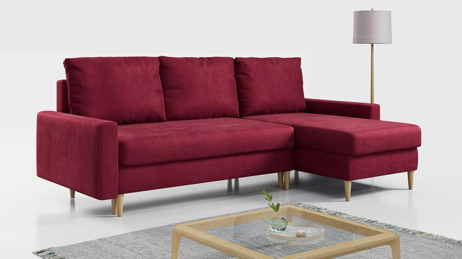 Ecksofa - L-form mit Schlaffunktion und Bettkasten - LANG - Rot Mikrofaser Bild 1