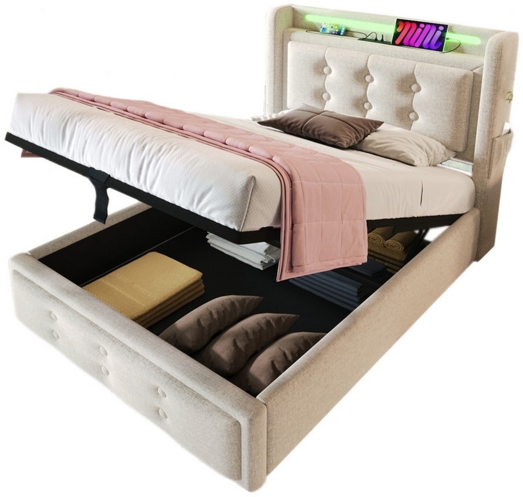 TavilaEcon Boxspringbett Doppelbett mit Led-Kopfteil und USB Typ C Ladefunktion (Ohne Matratze), Hydraulisches Bett mit Lattenrost aus Holz und Metallrahmen, beige Bild 1