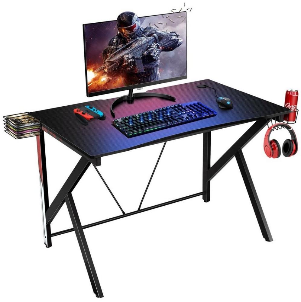 COSTWAY Gaming Tisch K-f?rmiger Computertisch PC Tisch Schreibtisch mit Getr?nkehalter, Kopfh?rer Haken und Videoablage 115x73cm Bild 1