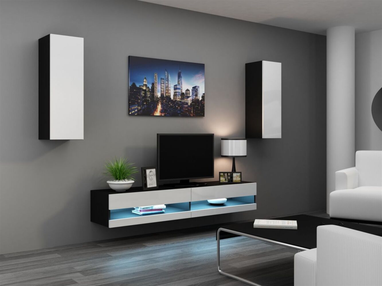 Mediawand Wohnwand 3 tlg - SENTIC 10 -Schwarz/Weiss Hochglanz inkl. LED Bild 1