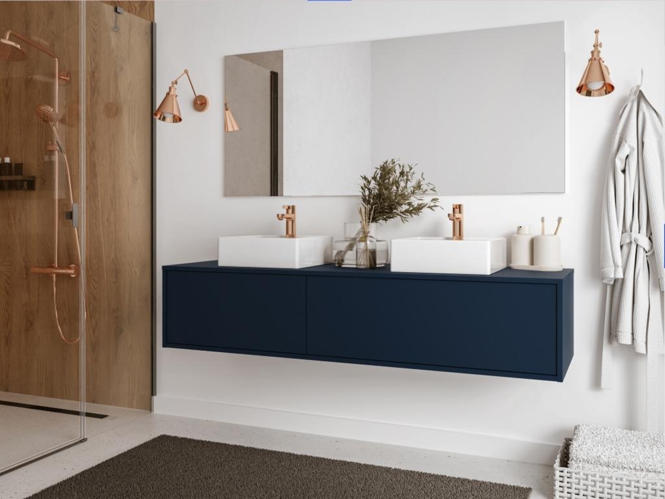 Vente-unique - Waschbeckenunterschrank hängend - Dunkelblau - 150 cm - ISAURE II Bild 1