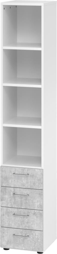 bümö smart Schubladenschrank, Büroschrank in Weiß/Beton mit 4 Schüben & 4 Regalfächern - Bürocontainer aus Holz, Container mit Metallgriffen & Soft-Stop Schubladen, 964S4-W-M-BS Bild 1