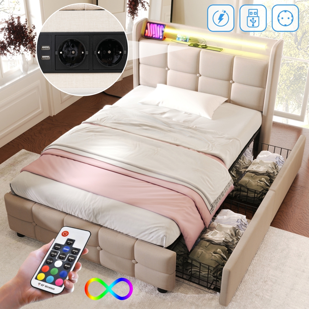 Einzelbett 90 × 200 cm mit Steckdosen,USB-Anschlüssen und LED-Beleuchtung,2 Schubladen,Leinenbezug in Beige Bild 1