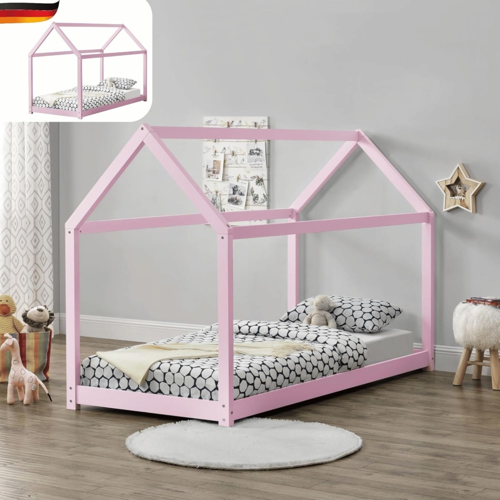 DELUKE® Kinderbett 90x200 FIDA - mit Lattenrost Kiefernholz Haus-Optik Einzelbett aus Holz Hausbett Kinderzimmer Bodenbett Montessori Bett Rosa Bild 1