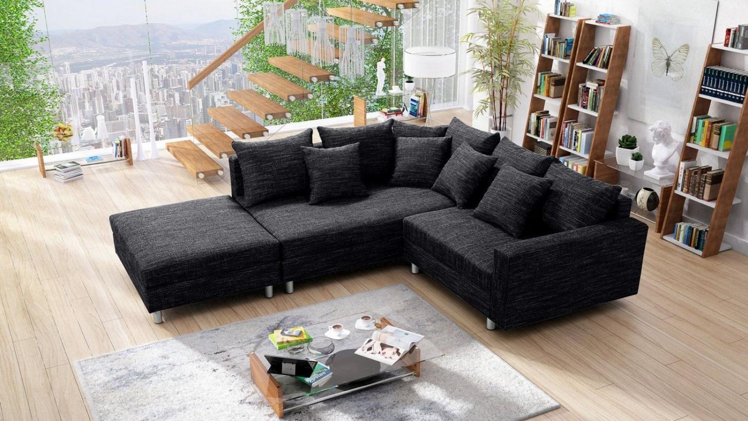 Küchen-Preisbombe Sofa Wohnlandschaft Couch Ecksofa Eckcouch Gewebestoff schwarz Minsk L, Ecksofa + Hocker Bild 1