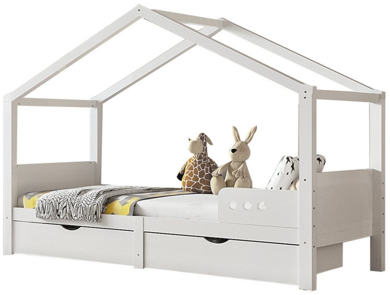 Flieks Kinderbett, Hausbett Holzbett Einzelbett 90x200cm mit Tafel und 2 Schubladen Bild 1