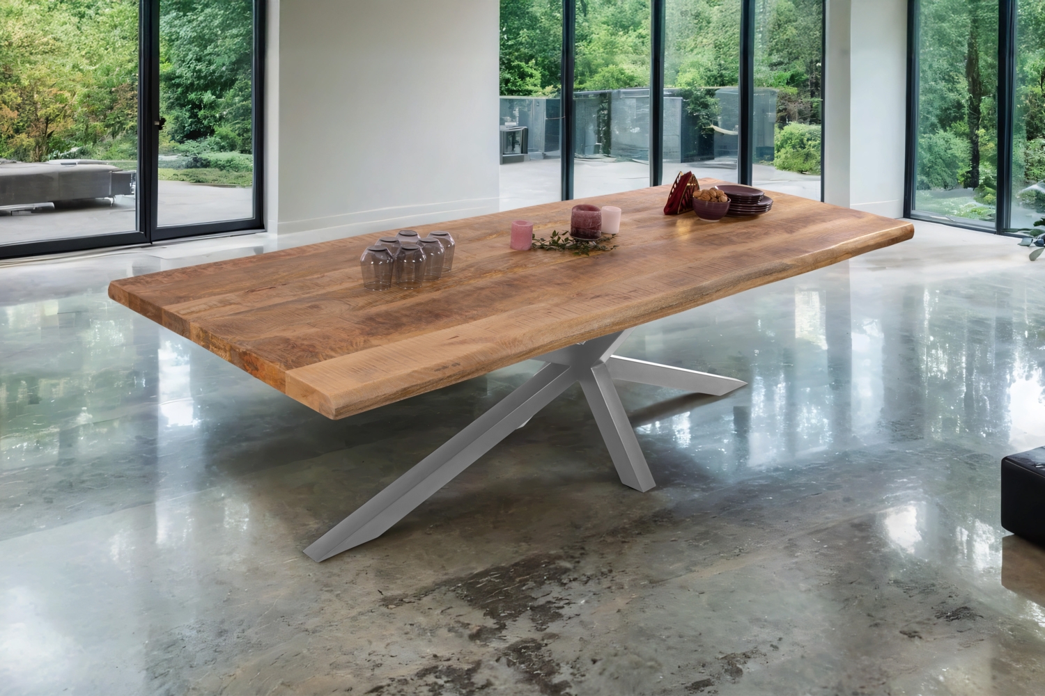 Esstisch Baumkante massiv Mango 300 x 100 Spider-Gestell silber CALI 140108974 Bild 1