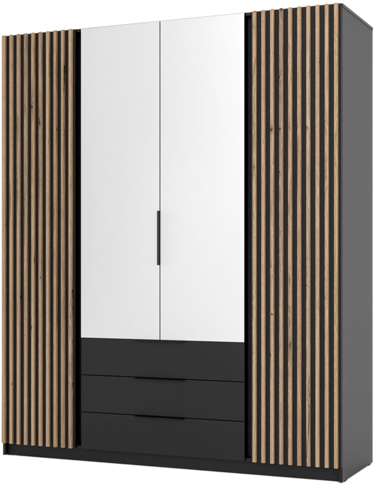 Selsey 'Kaja' Kleiderschrank 4-türig mit Lamellen, Spiegel & 3 Schubladen, schwarz, ca. 239 x 200 x 62 cm Bild 1