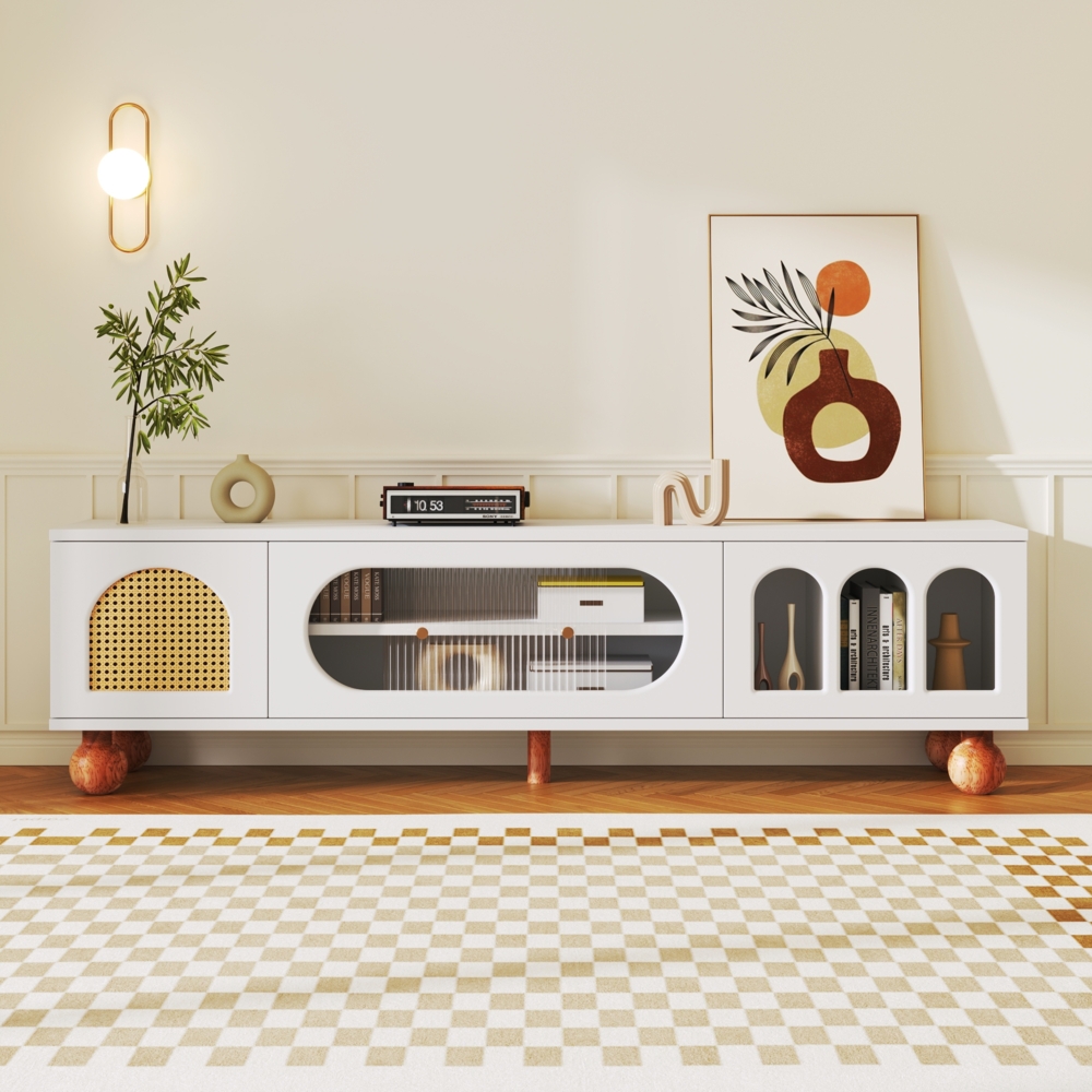 TV-Möbel, TV-Möbel mit Rattan-ähnlicher Tür,170×47×37 cm, Weiß und Holzfarbe,modernes Design, viel Stauraum Bild 1