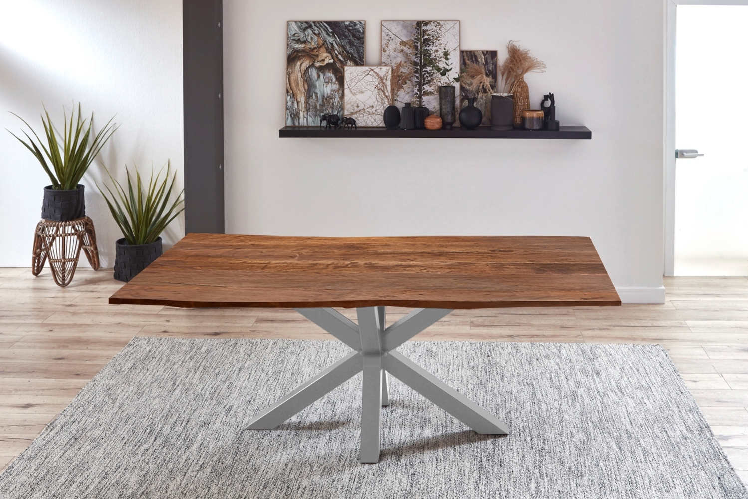 Esstisch Baumkante massiv Akazie nussbaum 180 cm Spider-Gestell silber QUINCY 70708816 Bild 1