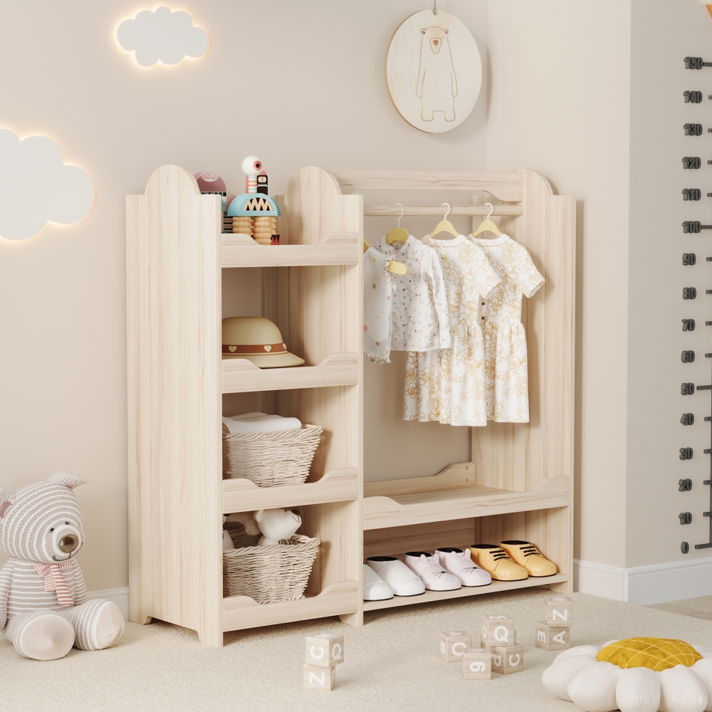 Kindergarderobe, Kleiderstange & 4 Regale, Naturholz, Natur, 110 × 39 × 110 cm Bild 1