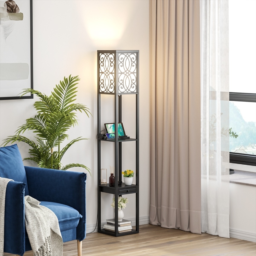 Stehlampe mit Regalen und Schublade für Wohnzimmer Schlafzimmer 26 x 26 x 160,5 cm Schwarz Bild 1