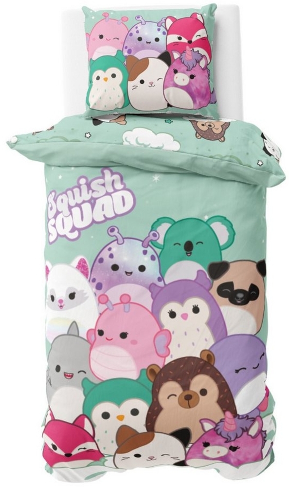 MTOnlinehandel Bettwäsche Squishmallows 135x200 + 80x80 cm, 100% Baumwolle, 2 teilig, Squish Squad, Cam, Fifi, Lola, Winston und Hans, Regenbogen, Wolke Bild 1