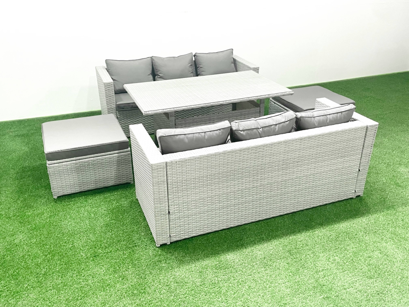 Fimous Rattan Gartenmöbel-Set 8 Sitzer mit Esstisch 2 Großer Hockern Hellgrau gemischt Bild 1