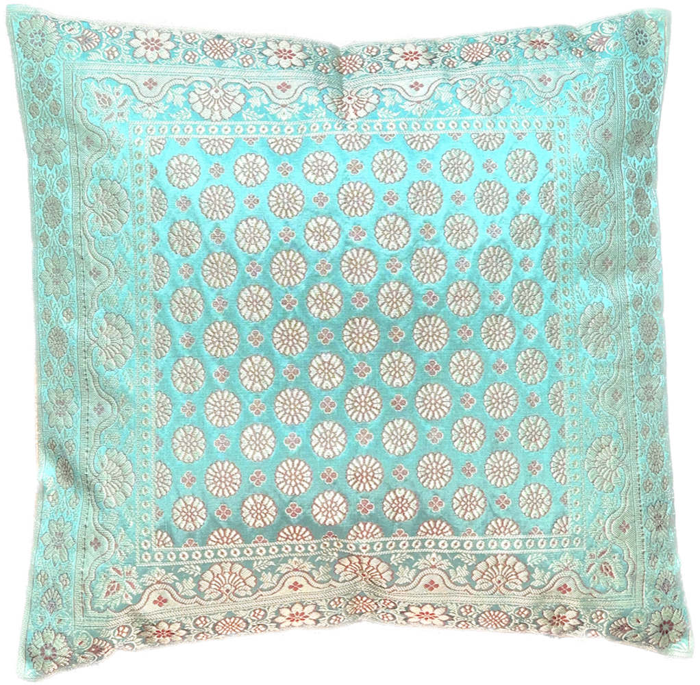 Handgewebter indischer Banarasi Seide Deko-Kissenbezug mit Extravaganten Blumen Muster 40 x 40 cm | 16 x 16 Zoll , Meeresgrün Bild 1