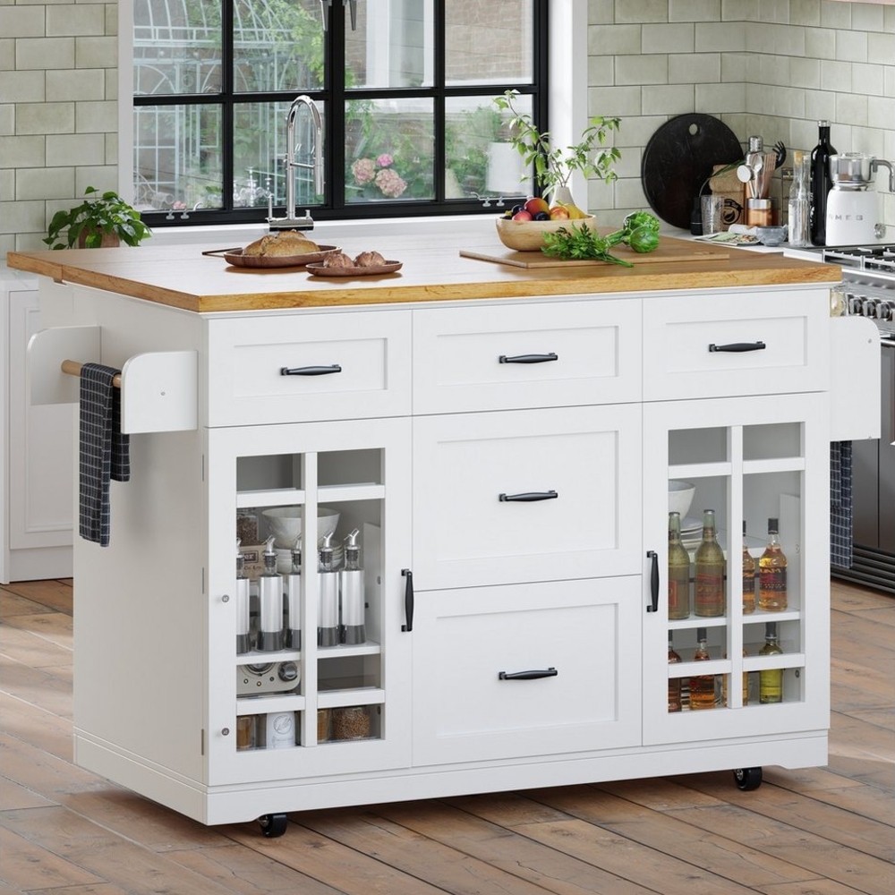 Flieks Küchenwagen mit erweiterbarer Arbeitsplatte, Rollen und Türregalen, (1 St), Kücheninsel Servierwagen Holzschrank mit Schubladen und Glastüren Weiß Bild 1