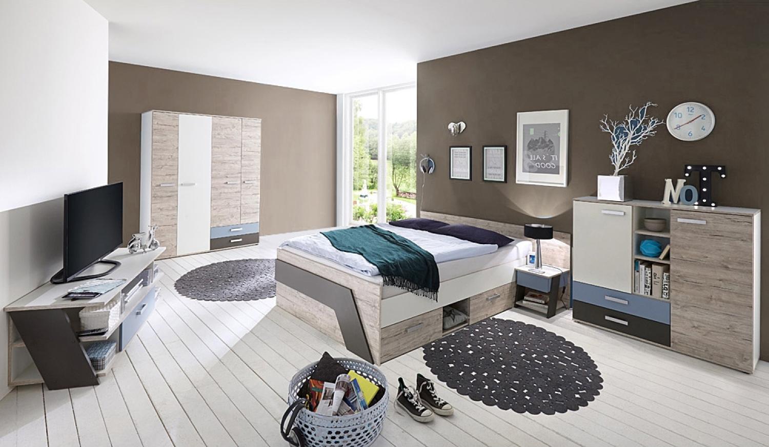 Jugendzimmer Set mit Bett 140x200 cm 5-teilig LEEDS-10 in Sandeiche Nb. mit weiß, Lava und Denim Blau Bild 1