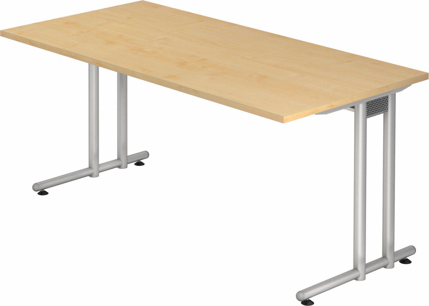 bümö Schreibtisch N-Serie 160x80 cm, Tischplatte aus Holz in Ahorn, Gestell aus Metall in Silber - PC Tisch, Computertisch für's Büro, Office Bürotisch, NS-16-3-S Bild 1