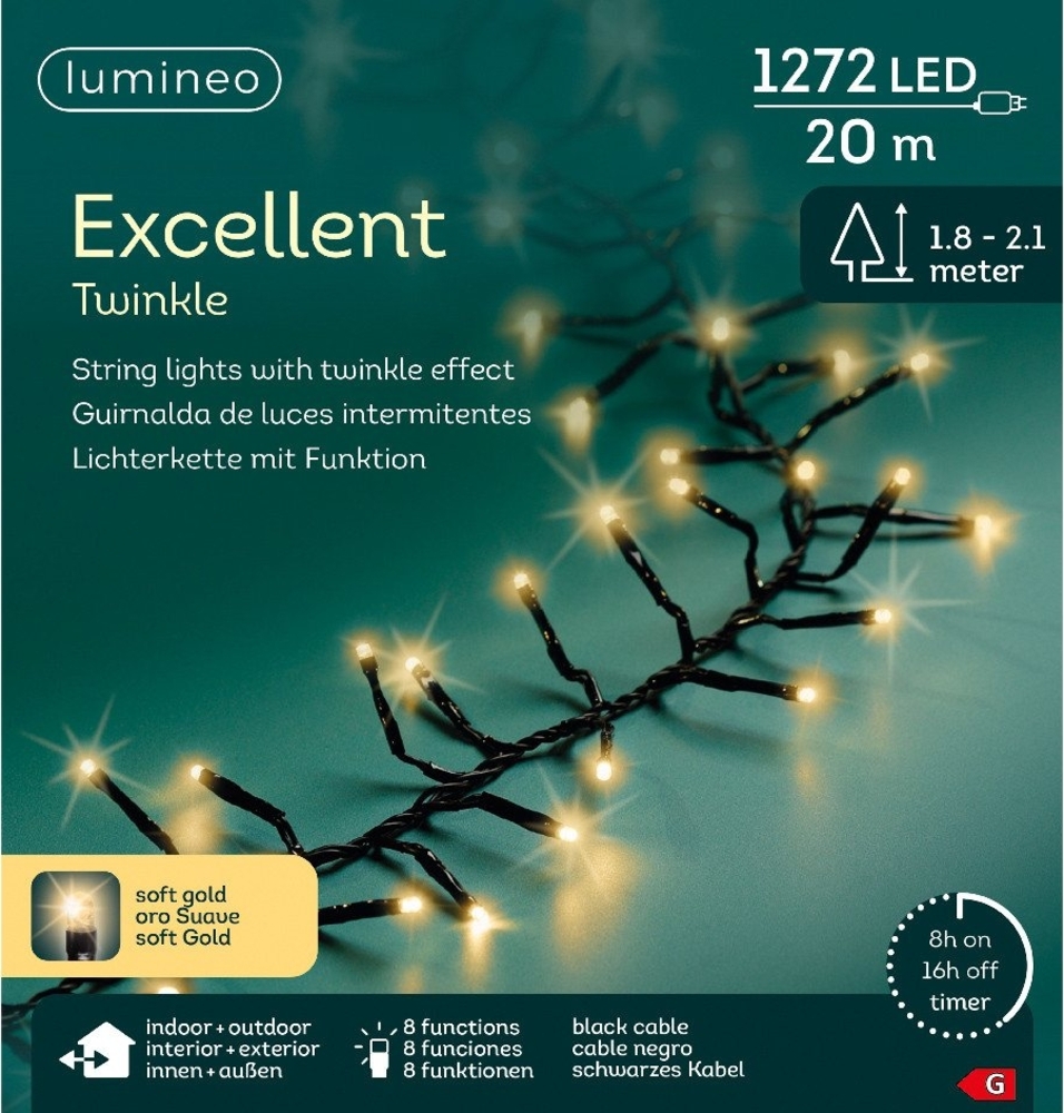 Lumineo LED-Lichterkette Lumineo Lichterkette EXCELLENT TWINKLE 1272 LED 20m Soft Gold, schwarz, Indoor/Outdoor, 8 Effekte, 8h-Timer, + 5 Meter Zuleitung Bild 1