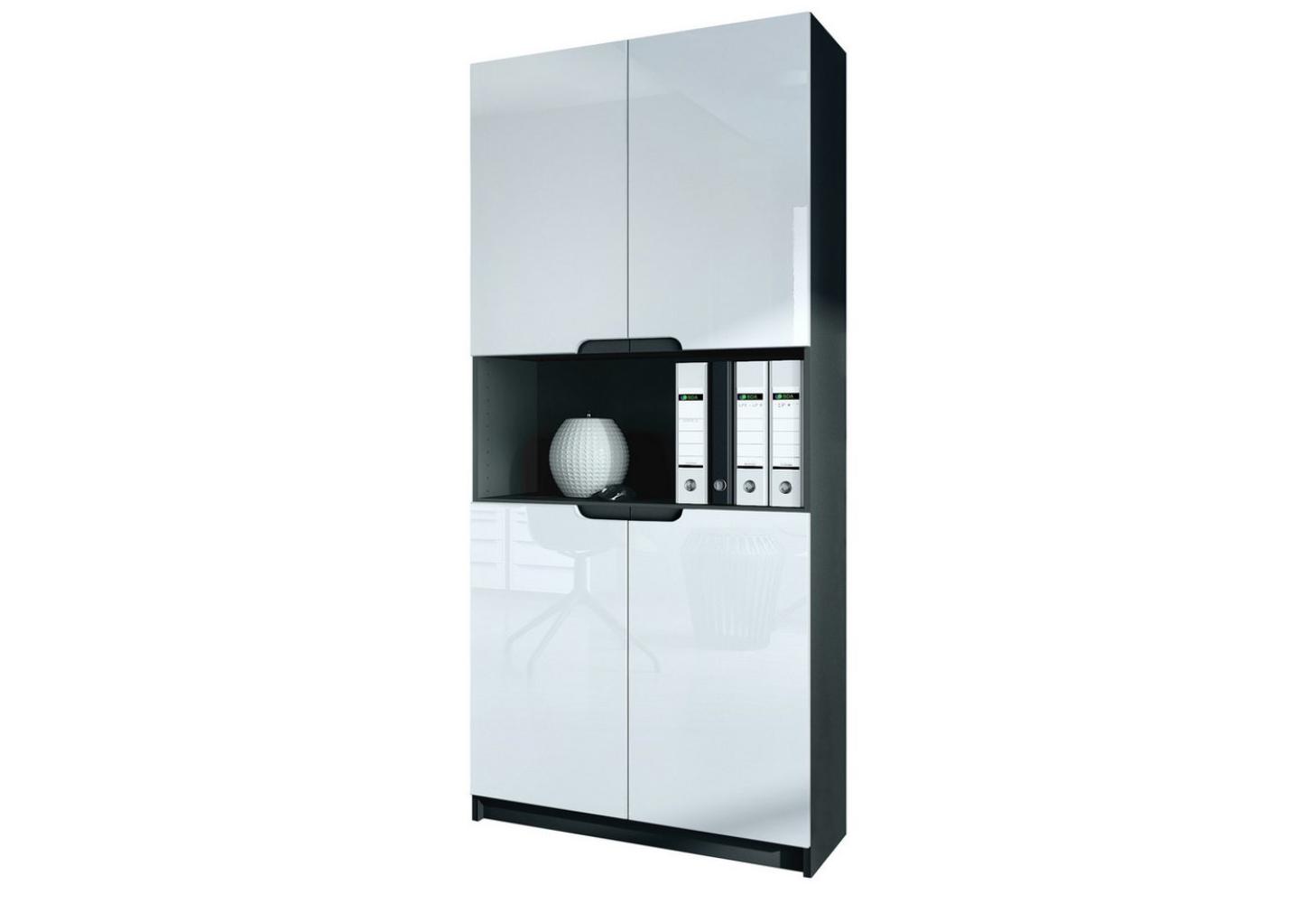 Vladon Büroschrank Logan V2, Aktenschrank mit 5 Fächern und 4 Türen, Schwarz matt/Weiß Hochglanz (82 x 184 x 37 cm) Bild 1