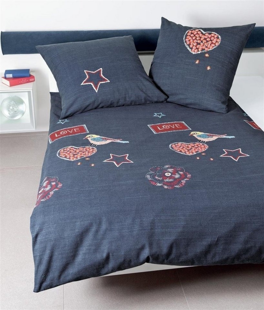 Janine Feinbiber Bettwäsche Davos 135x200 Herzen Sterne Love blau 65037-02 Bild 1