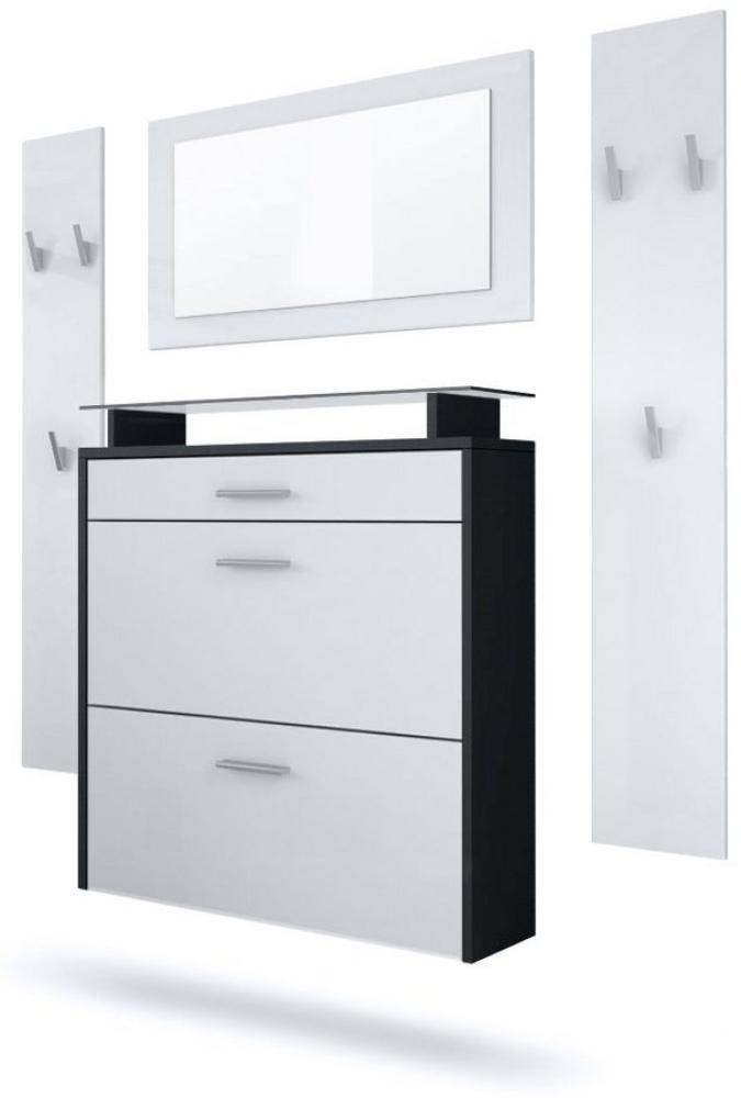 Vladon Garderobe Malea, Garderobenset bestehend aus 1 Hängeschuhschrank, 1 Wandspiegel und 2 Garderobenpaneele, Schwarz matt/Weiß matt Bild 1