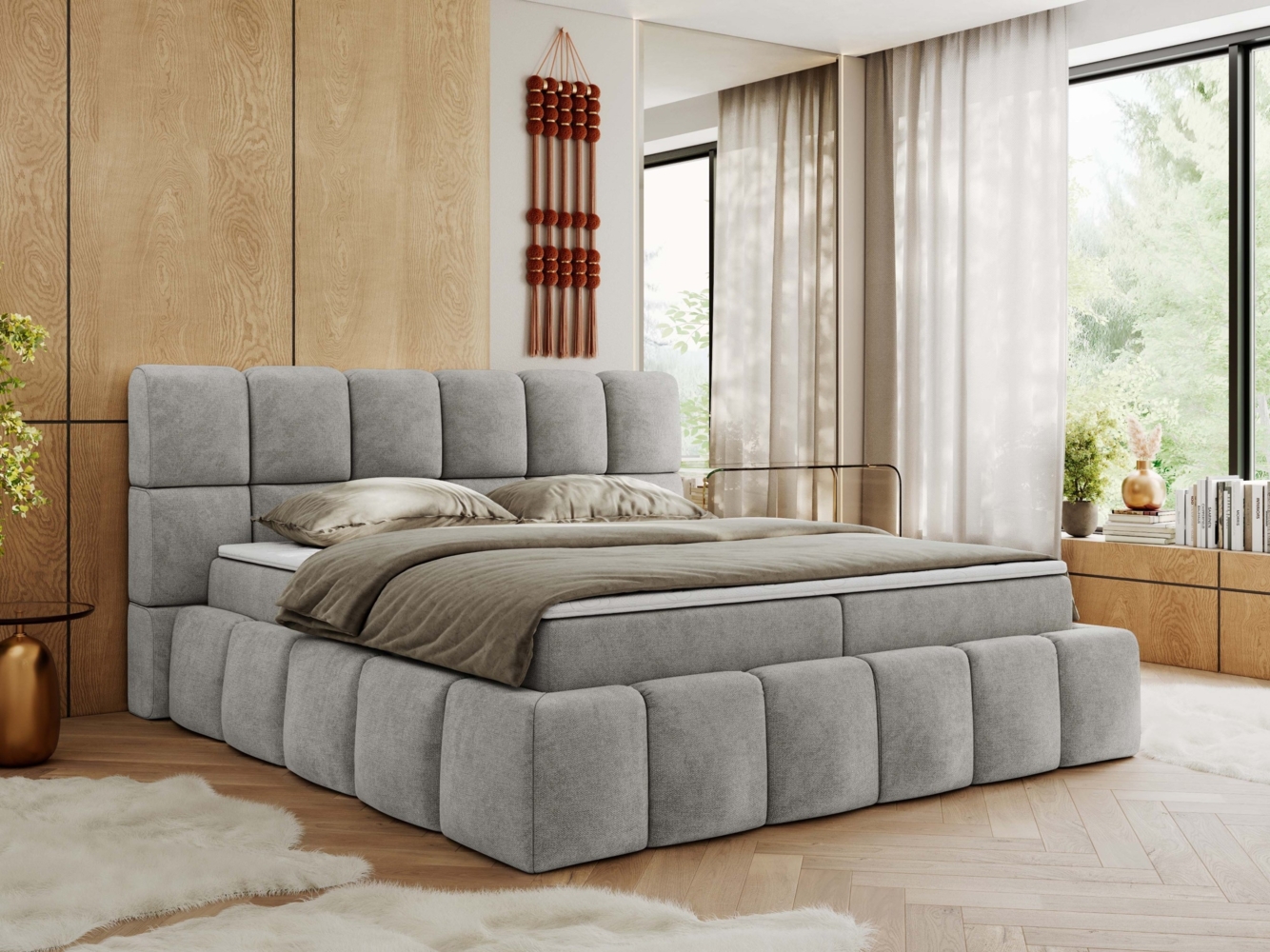 Boxspringbett mit dekorativem Kopfteil, Doppelbett mit zwei 7 Härtezonen Multipocket-Matratzen, Bettkästen, Polsterbett - NIRA - 140 x 200 cm - Hellgrau Struktur - H4 Bild 1