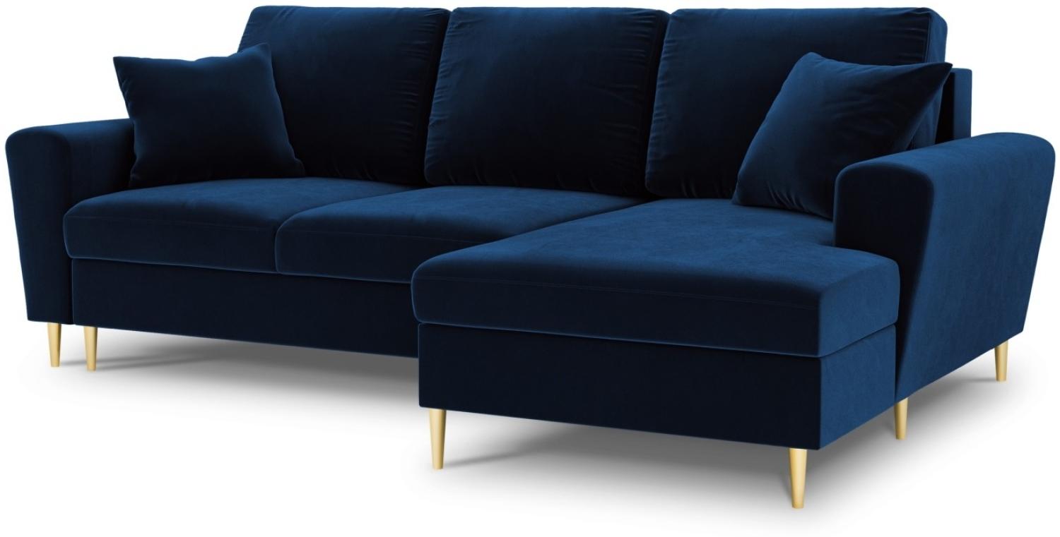 Micadoni 4-Sitzer Samtstoff Ecke rechts Sofa mit Bettfunktion und Box Moghan | Bezug Royal Blue | Beinfarbe Gold Metal Bild 1