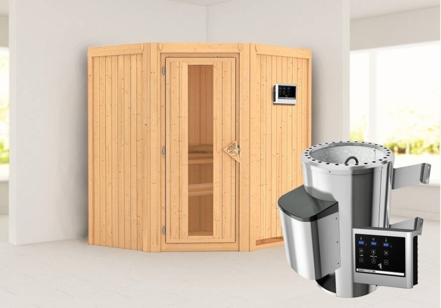 Karibu Sauna Tonja + 3,6kW Plug&Play Ofen externe Steuerung Graphit-Ganzglastür Bild 1