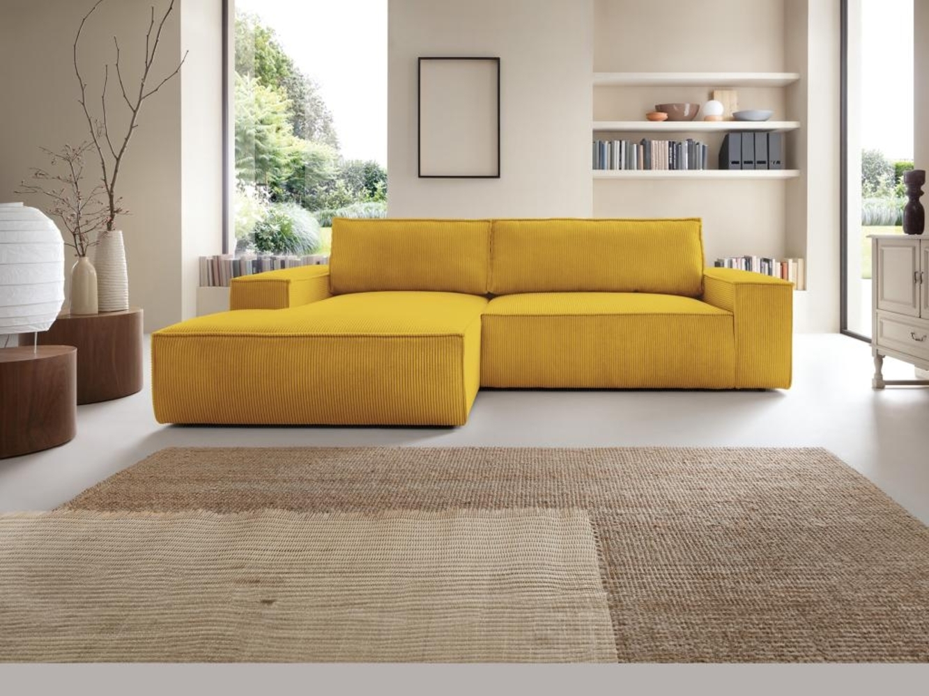 Vente-unique - Ecksofa mit Schlaffunktion - Ecke links - Cord - Gelb - AMELIA Bild 1