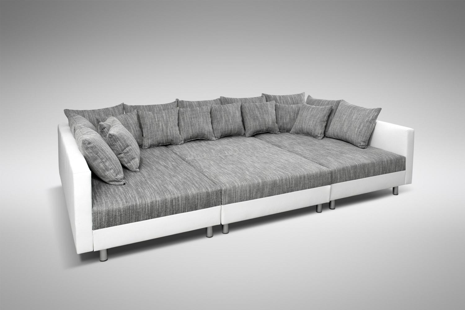 Wohnlandschaft Sofa Couch Ecksofa Eckcouch + Hocker weiß / hellgrau Minsk XXL Bild 1